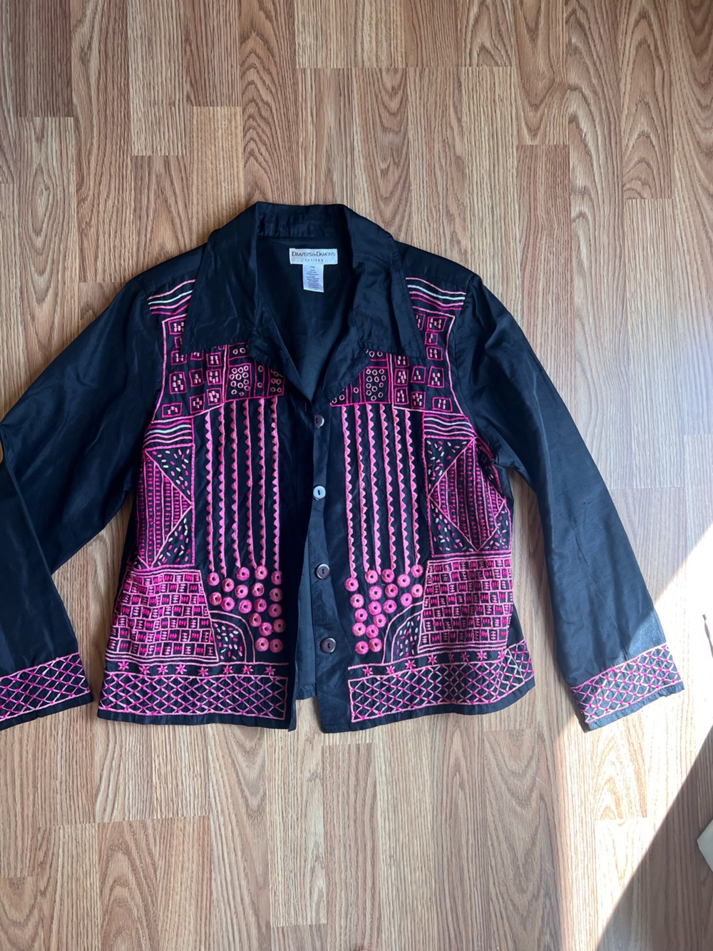 Embroidered Black Blazer with Pink Geometric Detail